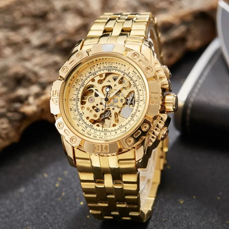 Vue 2 — Montre Squelette Acier Dorée Homme