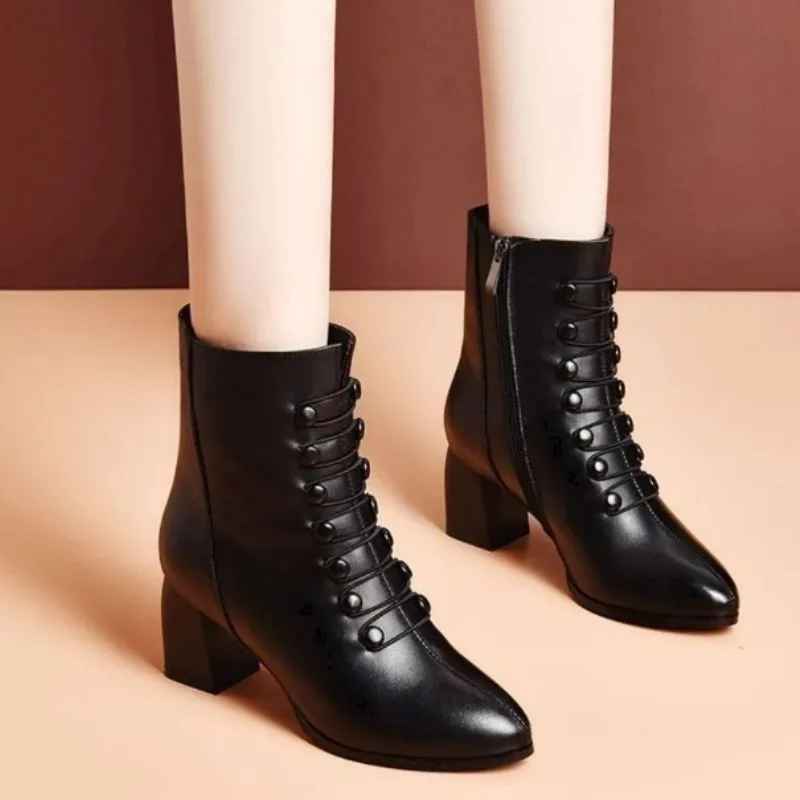 Vue 2 — Bottines à Boutons PU Noir Steampunk