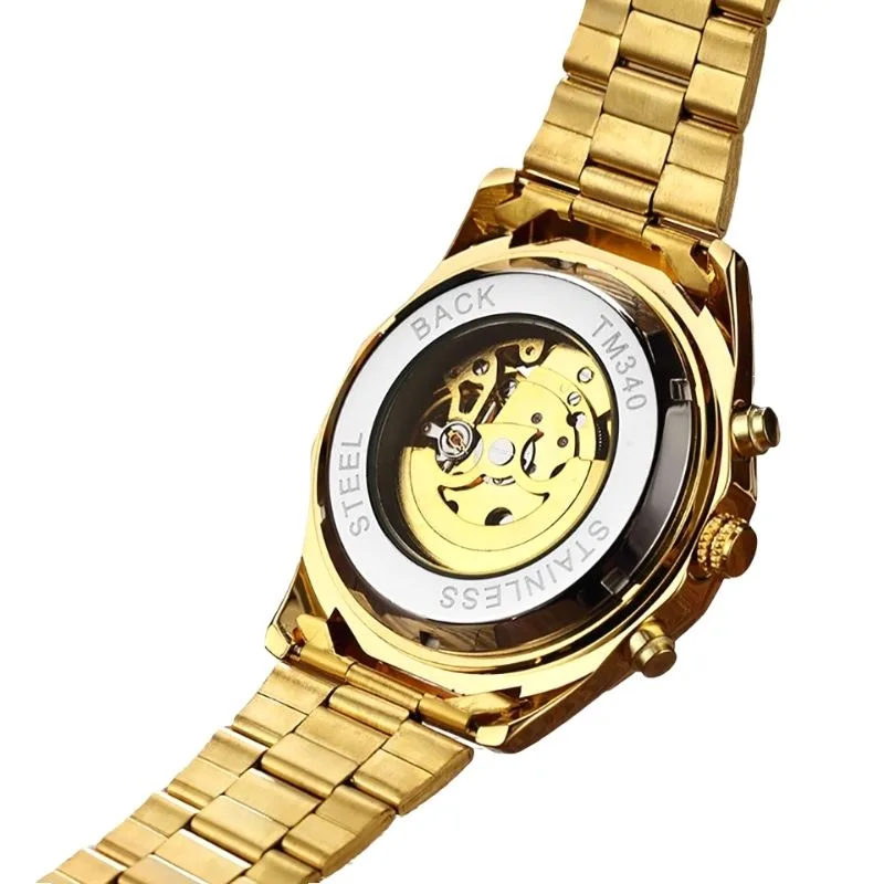 Vue 4 — Montre Squelette Acier Dorée Homme