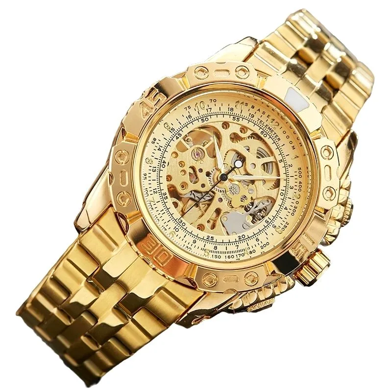 Vue 5 — Montre Squelette Acier Dorée Homme